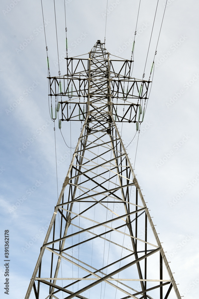 Low Angle View Of Electricity Pylon Against Clear Sky.Power line towers. Low Angle View Of Electricity Pylon Against Clear Sky.Power line towers.