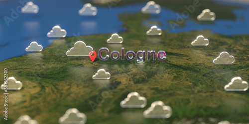 Cloudy weather icons near Cologne city on the map, weather forecast related 3D rendering