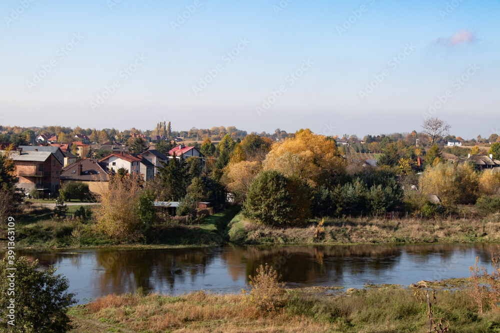 autumn landscape with lake, trees and houses