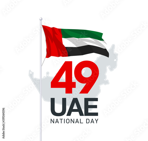 illustration banner 49 UAE national day icon with flag state symbol. Inscription in Arabic: Spirit of the union, United Arab Emirates 49 National day. 2 December Anniversary Celebration Card of 2020