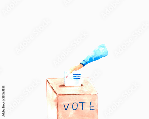 Illustration of a ballot box, a ballot paper, and a person's hand. Watercolor drawing on a white background.
