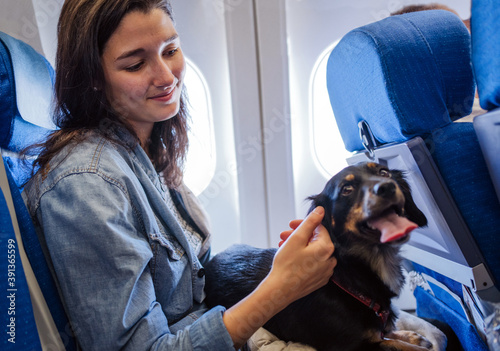 Young Woman Stroking Her Dog On A Plane. photo