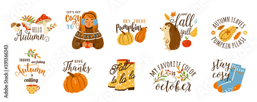 Autumn cozy quotes vector illustration set isolated on white background. Cute cartoon fall sticker with hedgehog, sweet girl with hot tea, yellow rubber boots, socks, mushroom and other