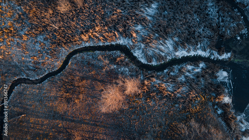 Skyshot of a frozen river on the sunset photo