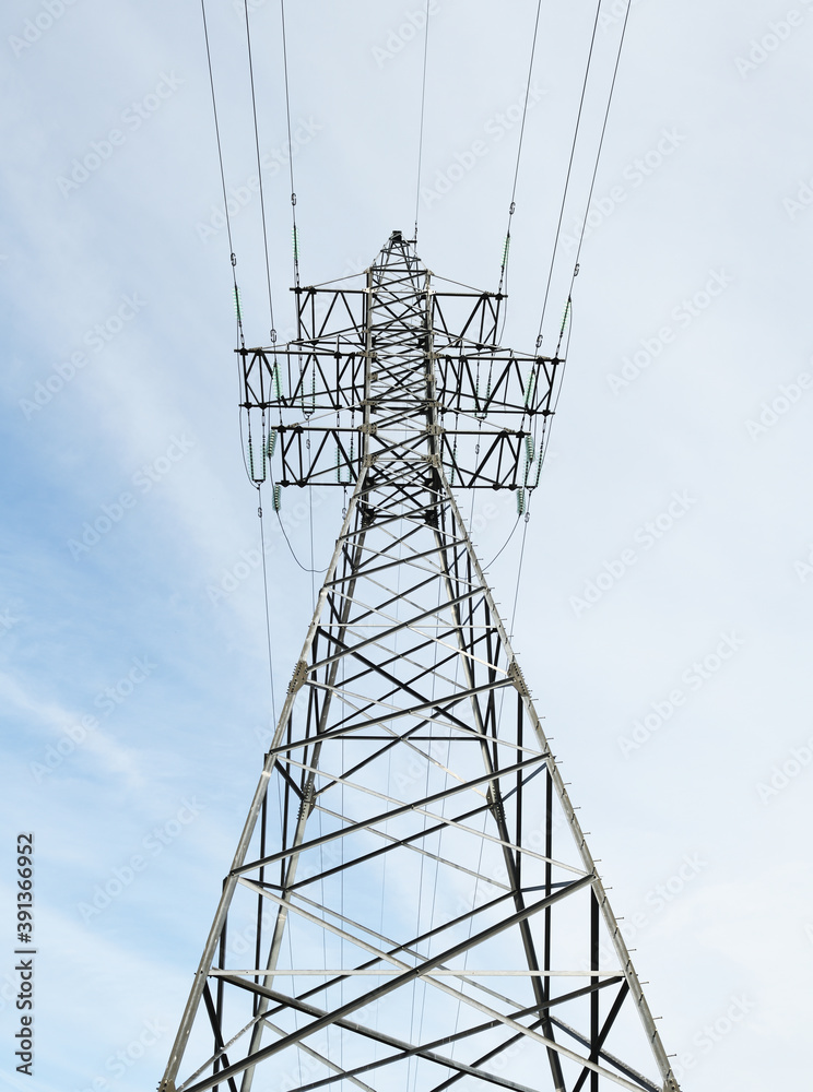 Low Angle View Of Electricity Pylon Against Clear Sky.Power line towers. Low Angle View Of Electricity Pylon Against Clear Sky.Power line towers.