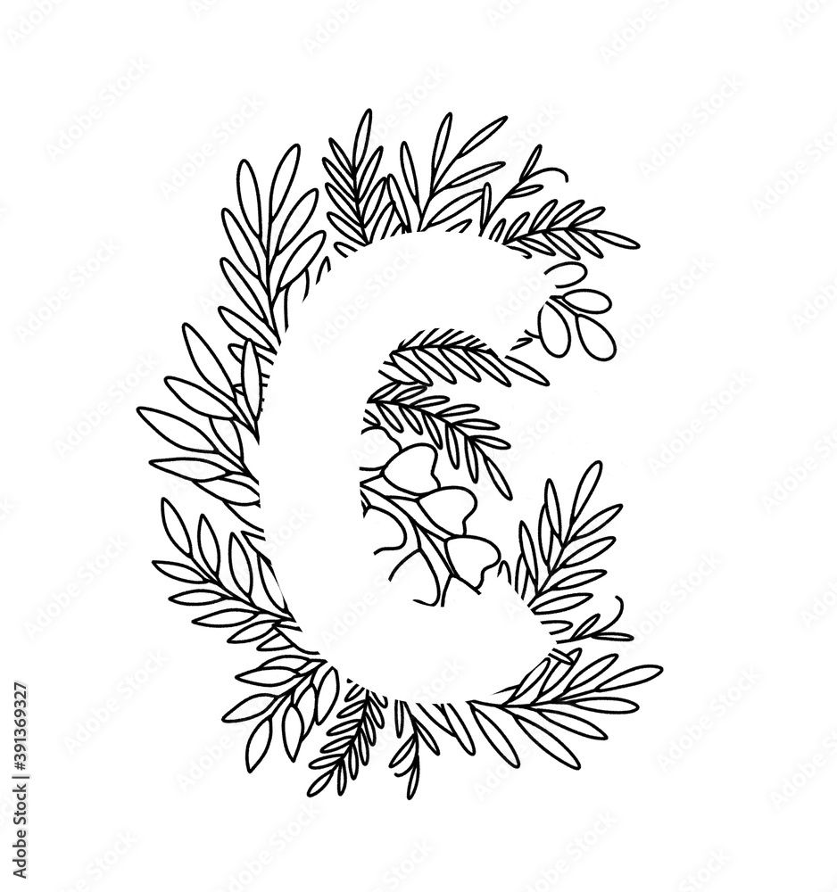 Obraz premium Letter C in thin lines leaves in elegant style. Floral letter C. Modern and stylish alphabet. Negative space lettering. Line art floral lettering isolated on white background.