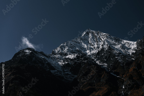 View on a snow capped Annapurna peak of Himalayan range in Nepal