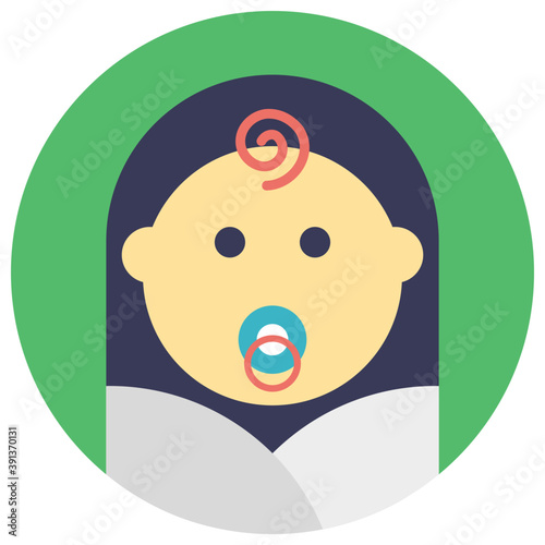 
Child with pacifier in mouth, flat vector icon 
