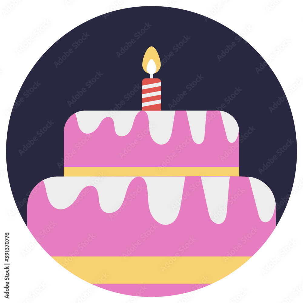 Pink birthday cake with a burning candle, flat vector icon
Pink birthday cake with a burning candle, flat vector icon