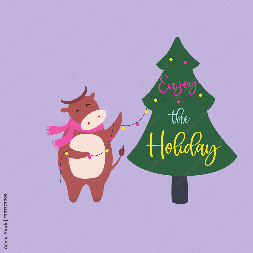 Cute bull character with scarf, decorates Christmas tree. Enjoy the holiday quote. Christmas hand drawn vector animal with garland. Winter holiday greeting card, poster design. New year sign cow 2021 