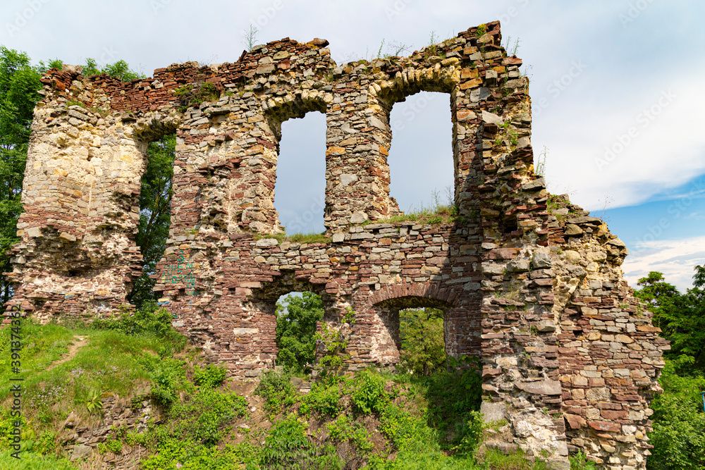 Ancient ruined wall close-up in  Buchach medieval castle.