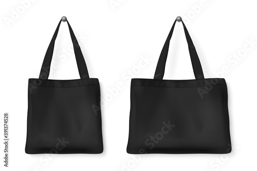 Vector 3d Realistic Blank Black Detailed Textile Tote Shopping Bag Set Hanging on the White Wall Background, Isolated. Design template for Mockups, Logo Design, Packaging. Ecology concept. Front View