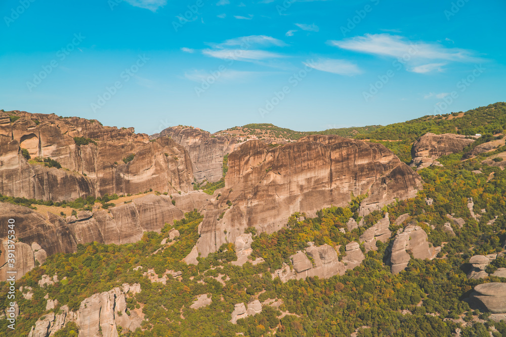 Beautiful panorama of landscapes and unique rock formations in Meteora, Greece