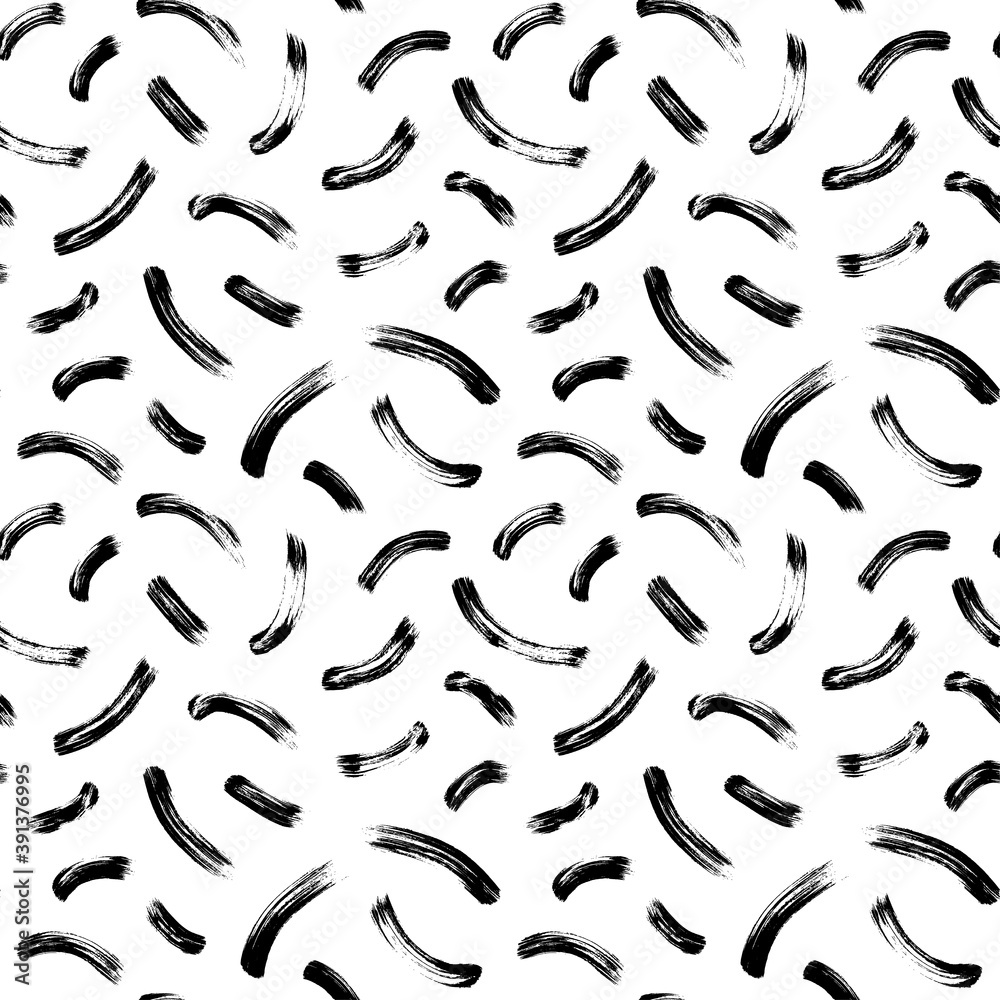 Hand drawn wavy brush strokes vector seamless pattern. Black paint arches with scribbles, abstract ink background. Brushstrokes, smears, lines, squiggle pattern. Abstract wallpaper design, print