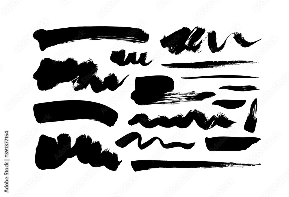Black paint wavy and straight brush strokes vector collection. Dirty curved lines and wavy brushstrokes. Ink illustration isolated on white background. Modern grunge brush lines. Calligraphy smears. Black paint wavy and straight brush strokes vector collection. Dirty curved lines and wavy brushstrokes. Ink illustration isolated on white background. Modern grunge brush lines. Calligraphy smears.