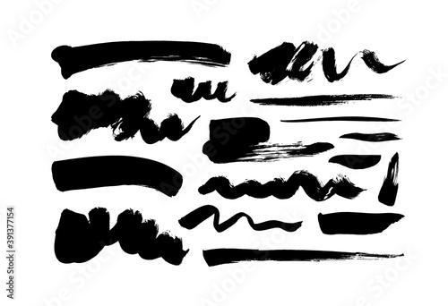 Black paint wavy and straight brush strokes vector collection. Dirty curved lines and wavy brushstrokes. Ink illustration isolated on white background. Modern grunge brush lines. Calligraphy smears.