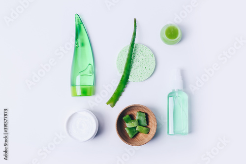 Natural herbal skin care products. Aloe vera products. Top view