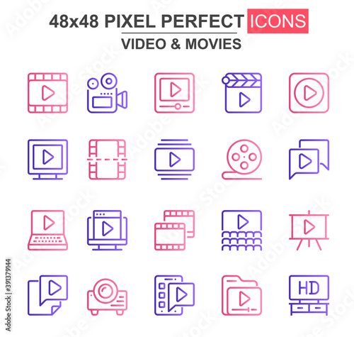 Video and movies thin line icon set. Film strip, reel, camera, clapperboard, cinema theater, projector unique icons. Outline vector bundle for UI UX design. 48x48 pixel perfect linear pictogram pack.