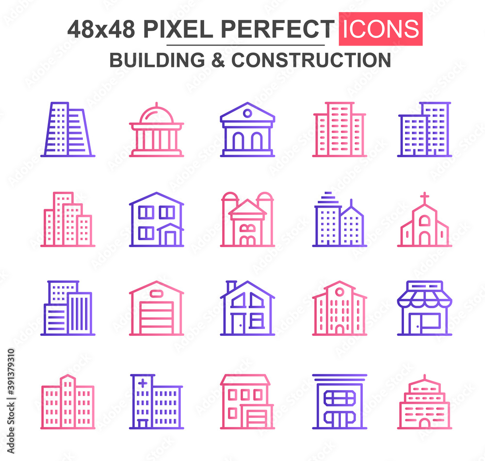 Building and construction thin line icon set. Church, cafe, museum, office center, skyscraper, clinic unique icons. Outline vector bundle for UI UX design. 48x48 pixel perfect linear pictogram pack.