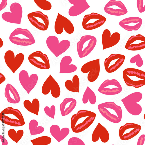 Seamless pattern with lips traces and hearts. Vector illustration.