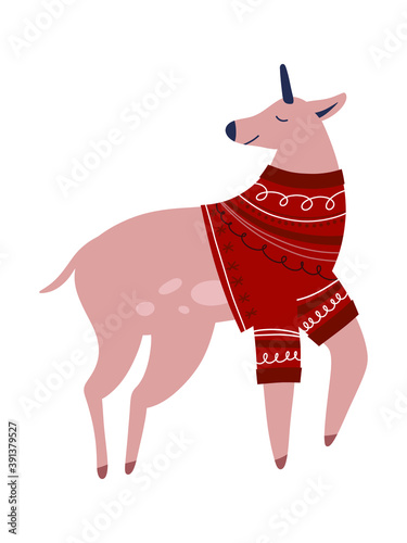 Cartoon funny deer  in a New Year's sweater. Isolated on white.