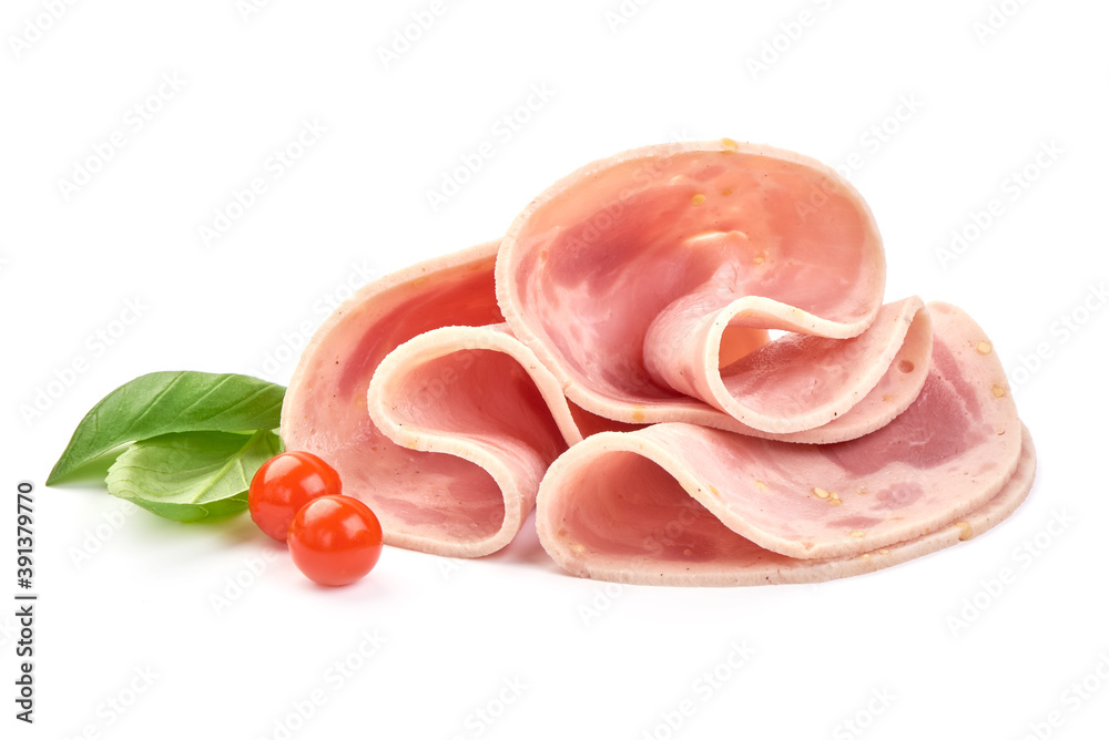 Boiled ham sausage, isolated on white background