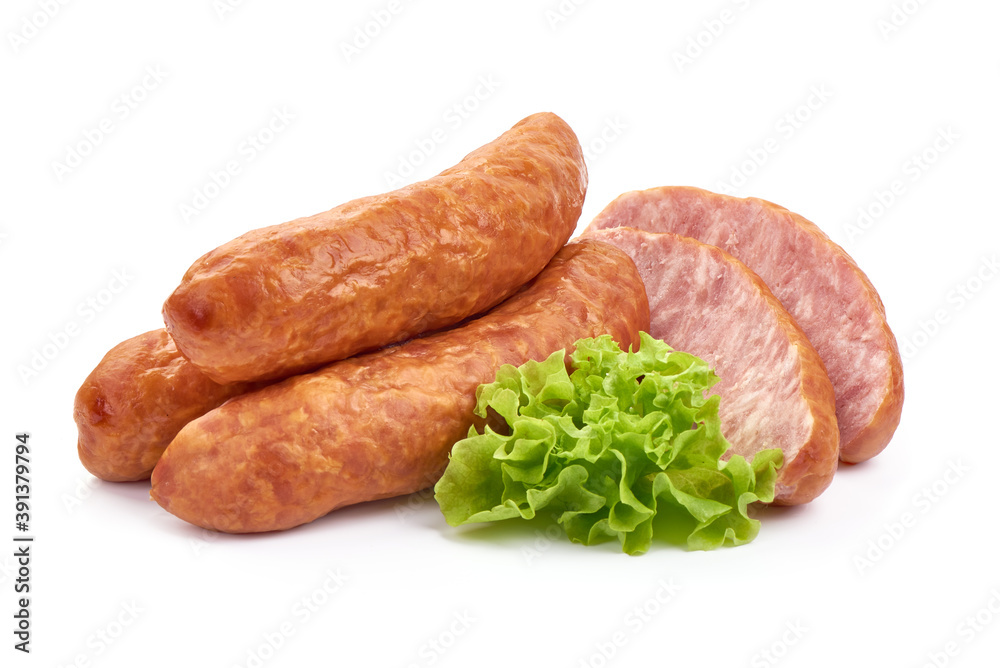Smoked pork sausages, close-up, isolated on white background Smoked pork sausages, close-up, isolated on white background