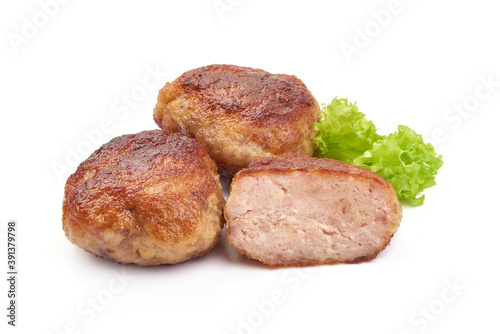 Grilled cutlets, fried meatballs, isolated on white background