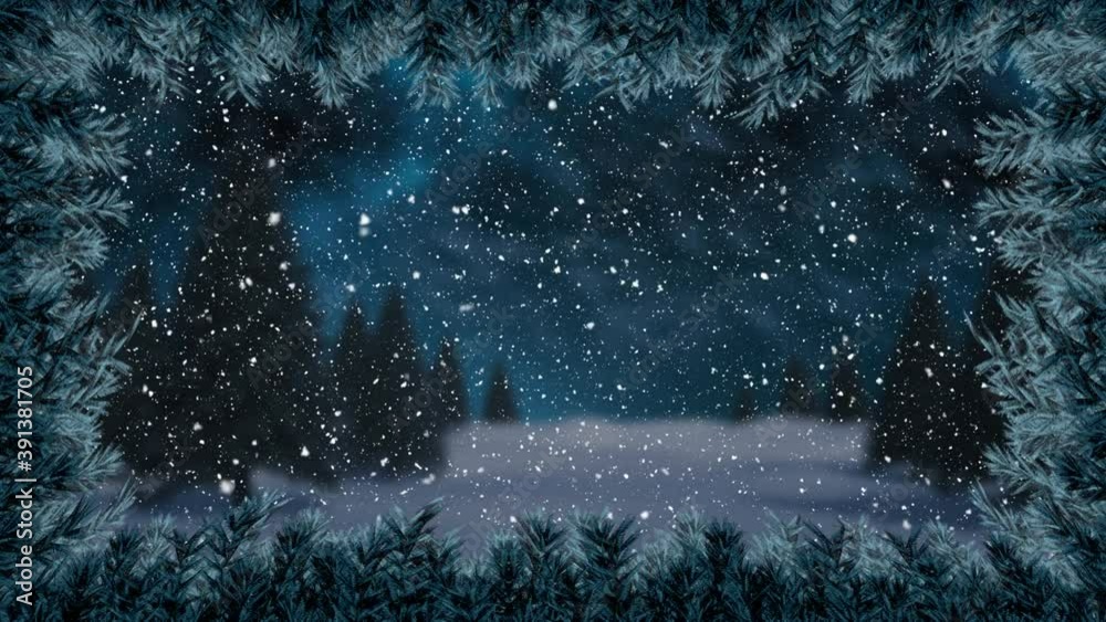 Animation of christmas winter scenery with snow falling over trees and fir tree