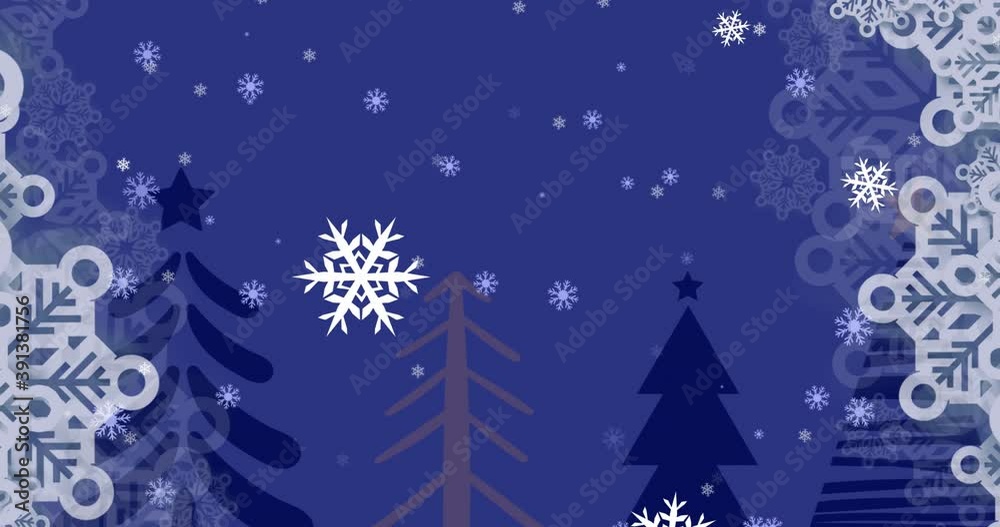 Digital animation of snowflakes falling over multiple trees against blue background Digital animation of snowflakes falling over multiple trees against blue background