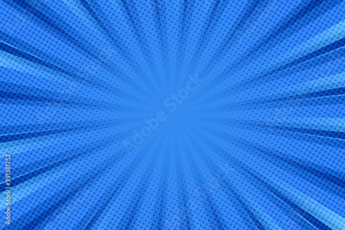 Pop art background for poster or book in blue color. Radial rays backdrop with halftone effect in comics style design.