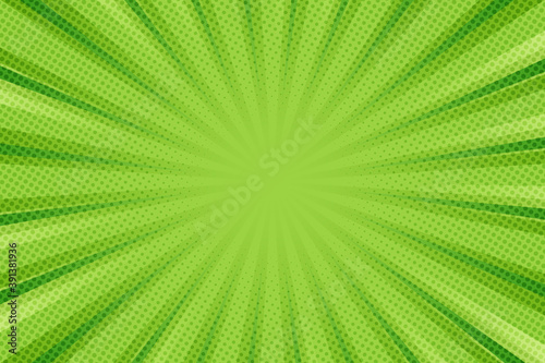 Pop art background for poster or book in green color. Radial rays backdrop with halftone effect in comics style design.