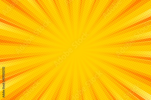Pop art background for poster or book in yellow color. Radial rays backdrop with halftone effect in comics style design.