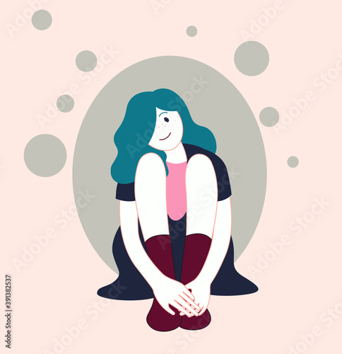 Modern girl sits hugging legs.
A girl sitting on the floor presses her legs to her. Bubbles background.