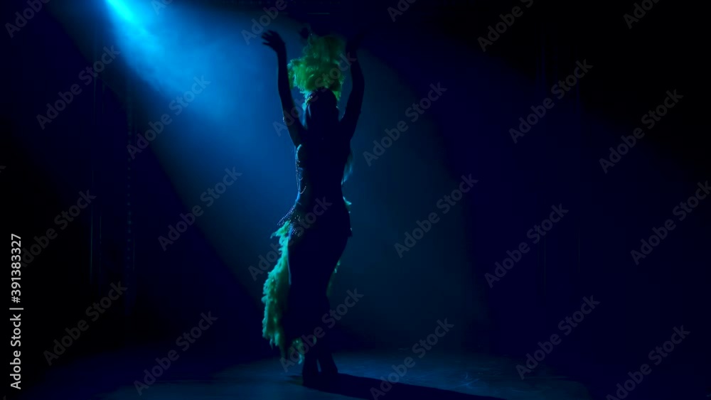 A cabaret dancer in a feather costume dances in a dark studio with blue light. A silhouette of a half naked passionate woman who squirms in a dance. Slow motion. A cabaret dancer in a feather costume dances in a dark studio with blue light. A silhouette of a half naked passionate woman who squirms in a dance. Slow motion.