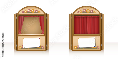 Puppet theater with open and closed curtain and a blank staging announcement banner. Punch and judy booth, stage play for children. Vector illustration on white background.
