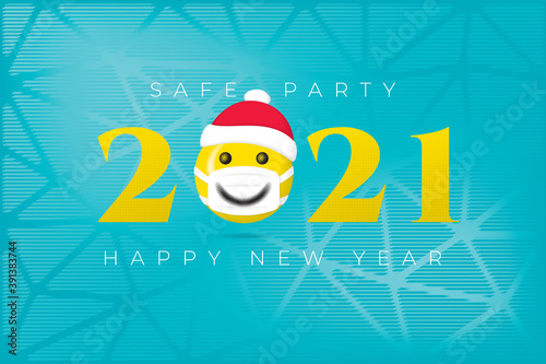 2021 Logo with Halftone Style Smiling Face Wearing Santa Hat Protected with Mask and Safe Party Lettering Happy New Year Greeting Concept - Yellow on Blue Background - Mixed Graphic Design