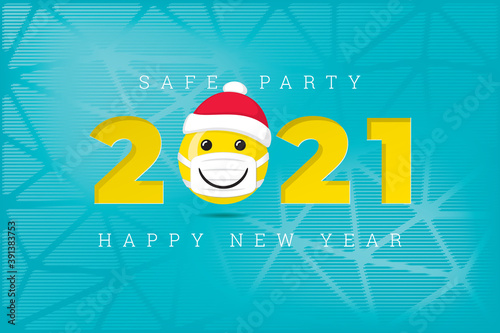 2021 Numerals Logo with Smiling Face Covered with Santa Hat Protected with Mask and Safe Party Lettering Happy New Year Greeting Concept - Yellow on Blue Background - Mixed Graphic Design