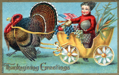 Pumpkin style wagon, riding girl, being pulled by a turkey. American Flag. Vintage Thanksgiving Theme Postcard, restored artwork, colors and details enhanced. Festive Autumn Illustration 