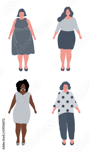 Cute plump women. Plus size girls of different races. Body positive concept. Love your body vector illustration. Funky flat style