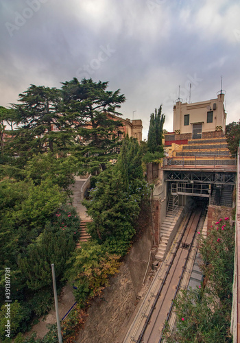 Small station of the Vallvidrera funicular railway with Barcelona at i photo