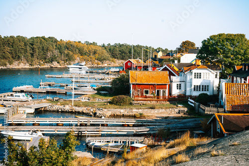 Classic red and white Swedish houses on Sandhamn in the Stockholm Archipelago