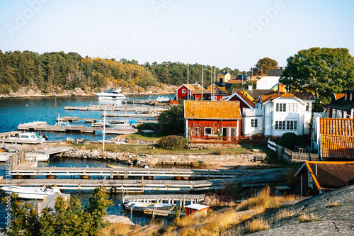 Classic red and white Swedish houses on Sandhamn in the Stockholm Archipelago photo