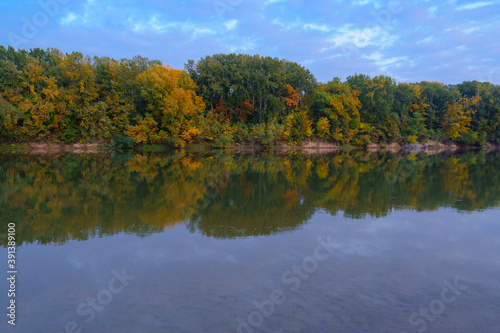 colorful autumn forest landscape in the evening - trees near river and blue sky