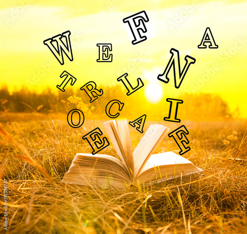 Open Magic big children book with flying black letters in green and yellow fresh grass over borange sunset cloudy sky with sun light background. Idean of kids learning to read by syllables  photo