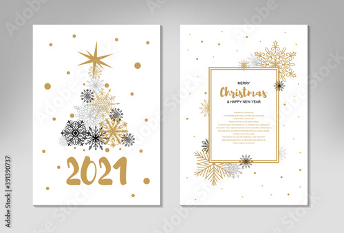 Two side Vertical Merry Christmas and New Year greeting card with beautiful Christmas tree and golden snowflakes on white background. Frame with space for text