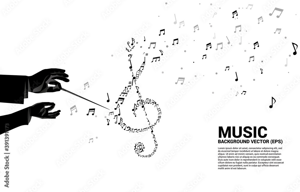 Vector silhouette of conductor hand with music melody shape sol key ...