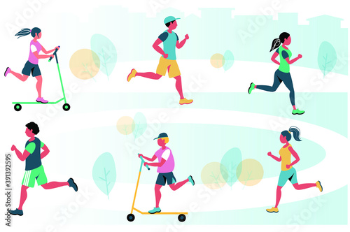 Group of people running outdoor. Riding scooter. Workout. Flat vector. 