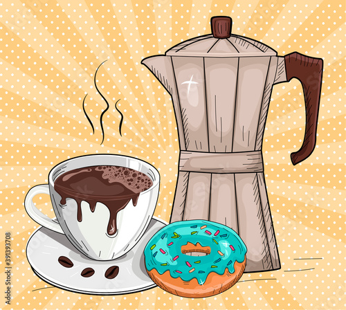 Freshly brewed coffee and donut