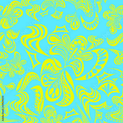 seamless vector pattern in the form of an ornament from abstract yellow leaves and feathers on a blue background